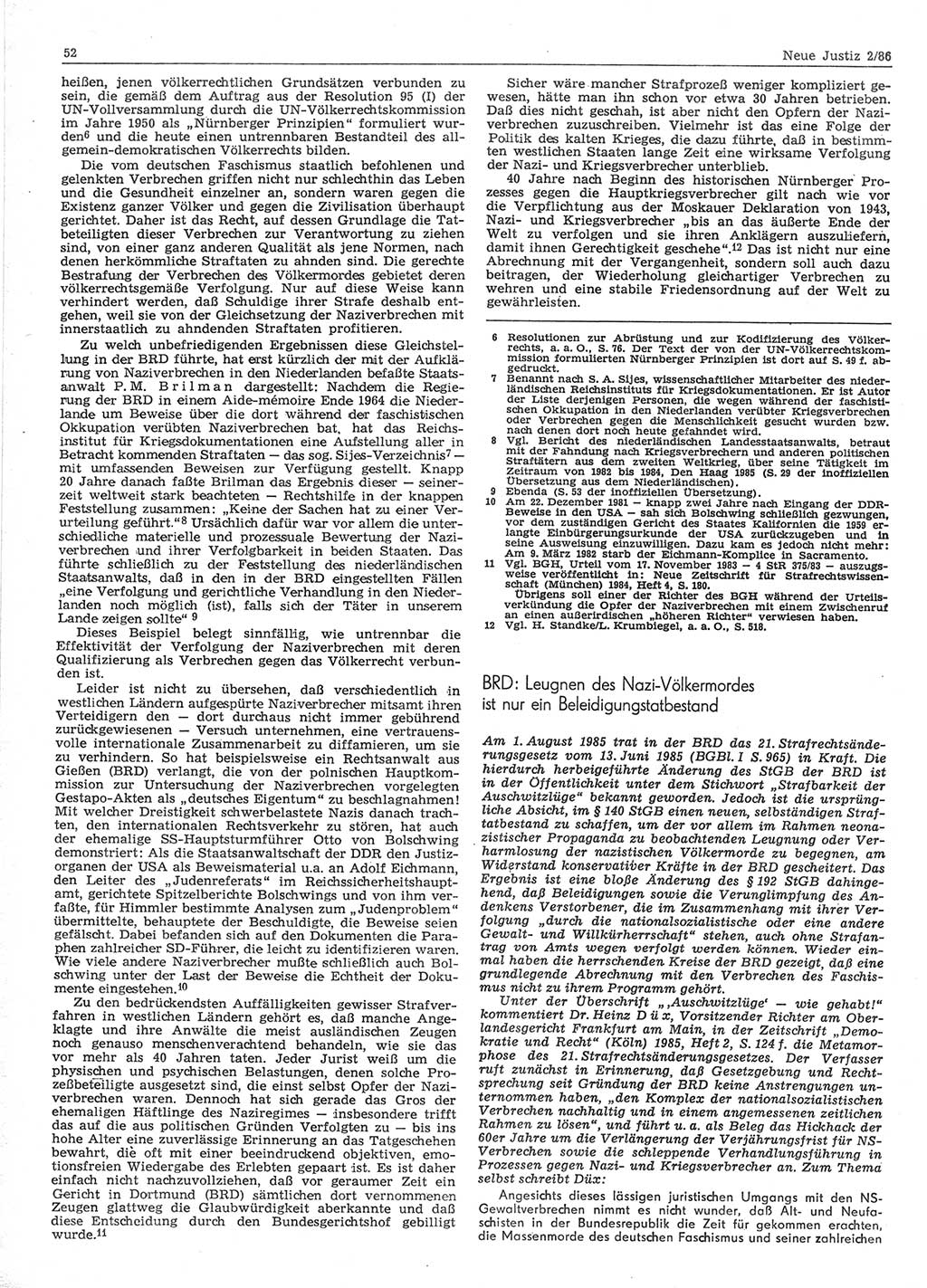 Neue Justiz (NJ), Zeitschrift für sozialistisches Recht und Gesetzlichkeit [Deutsche Demokratische Republik (DDR)], 40. Jahrgang 1986, Seite 52 (NJ DDR 1986, S. 52)