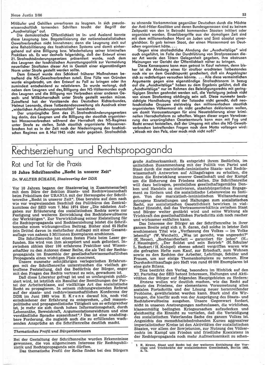 Neue Justiz (NJ), Zeitschrift für sozialistisches Recht und Gesetzlichkeit [Deutsche Demokratische Republik (DDR)], 40. Jahrgang 1986, Seite 53 (NJ DDR 1986, S. 53)