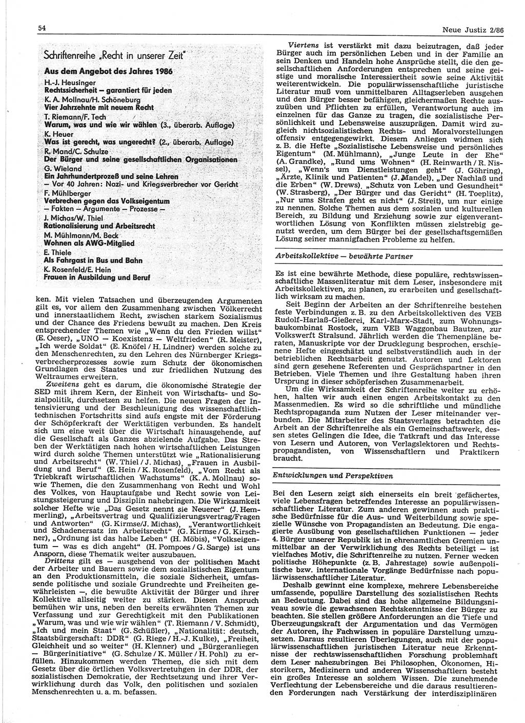 Neue Justiz (NJ), Zeitschrift für sozialistisches Recht und Gesetzlichkeit [Deutsche Demokratische Republik (DDR)], 40. Jahrgang 1986, Seite 54 (NJ DDR 1986, S. 54)