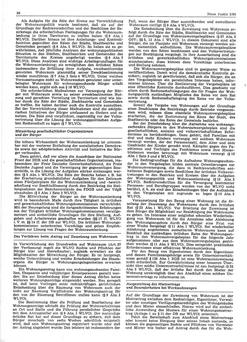 Neue Justiz (NJ), Zeitschrift für sozialistisches Recht und Gesetzlichkeit [Deutsche Demokratische Republik (DDR)], 40. Jahrgang 1986, Seite 58 (NJ DDR 1986, S. 58)