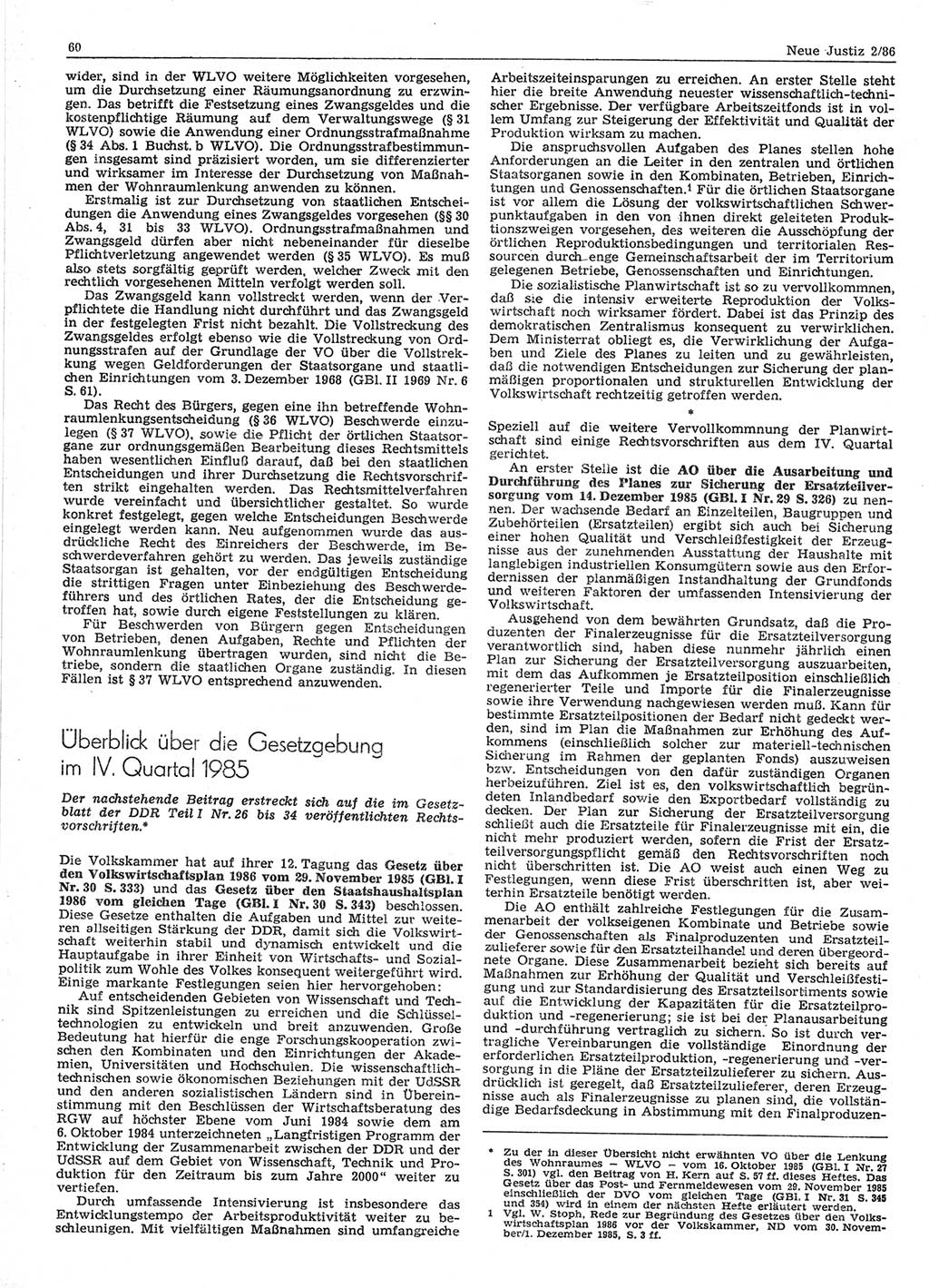 Neue Justiz (NJ), Zeitschrift für sozialistisches Recht und Gesetzlichkeit [Deutsche Demokratische Republik (DDR)], 40. Jahrgang 1986, Seite 60 (NJ DDR 1986, S. 60)