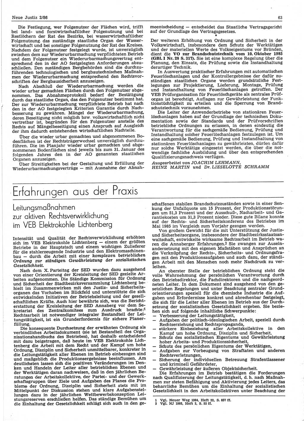 Neue Justiz (NJ), Zeitschrift für sozialistisches Recht und Gesetzlichkeit [Deutsche Demokratische Republik (DDR)], 40. Jahrgang 1986, Seite 63 (NJ DDR 1986, S. 63)