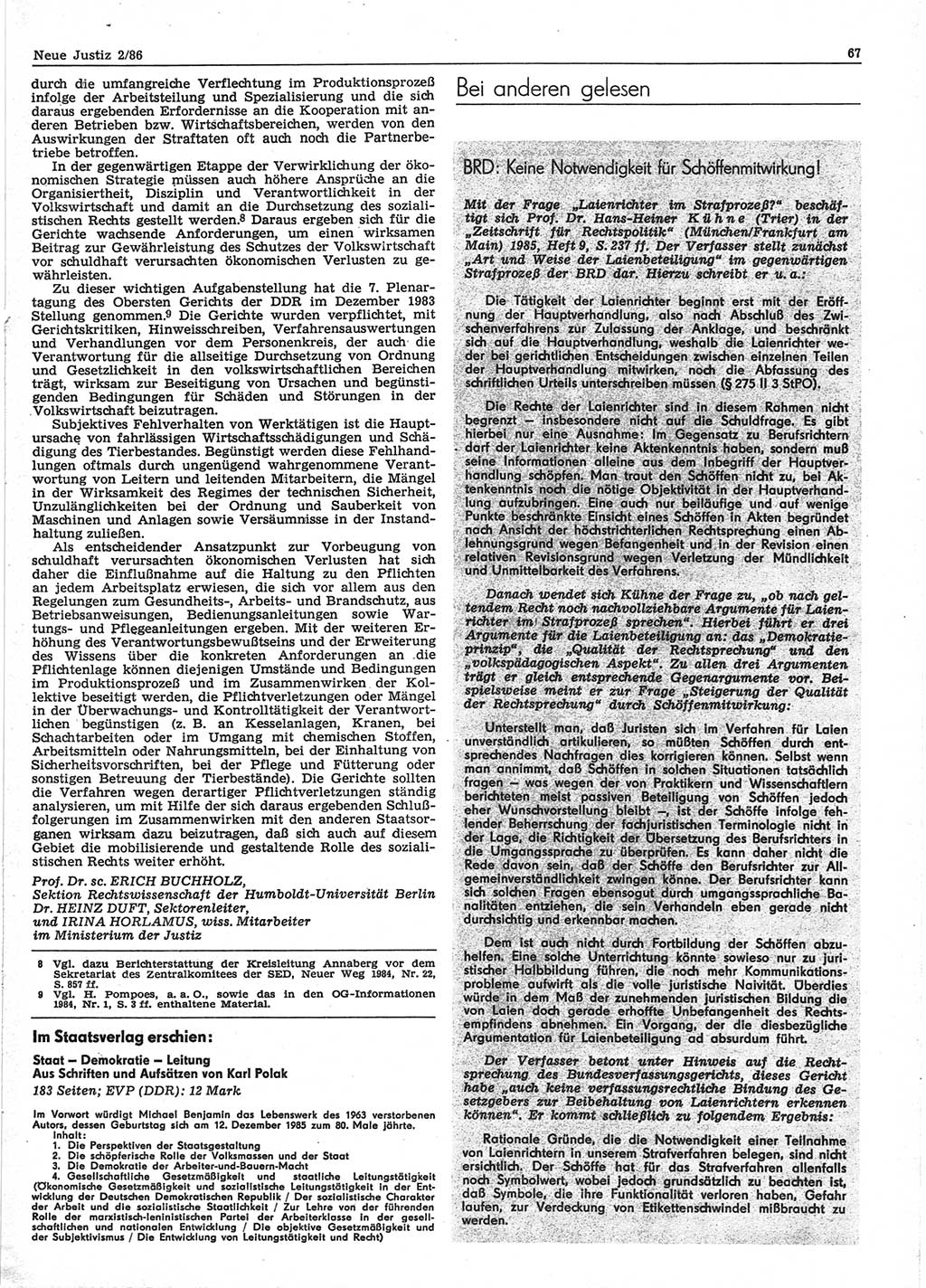 Neue Justiz (NJ), Zeitschrift für sozialistisches Recht und Gesetzlichkeit [Deutsche Demokratische Republik (DDR)], 40. Jahrgang 1986, Seite 67 (NJ DDR 1986, S. 67)