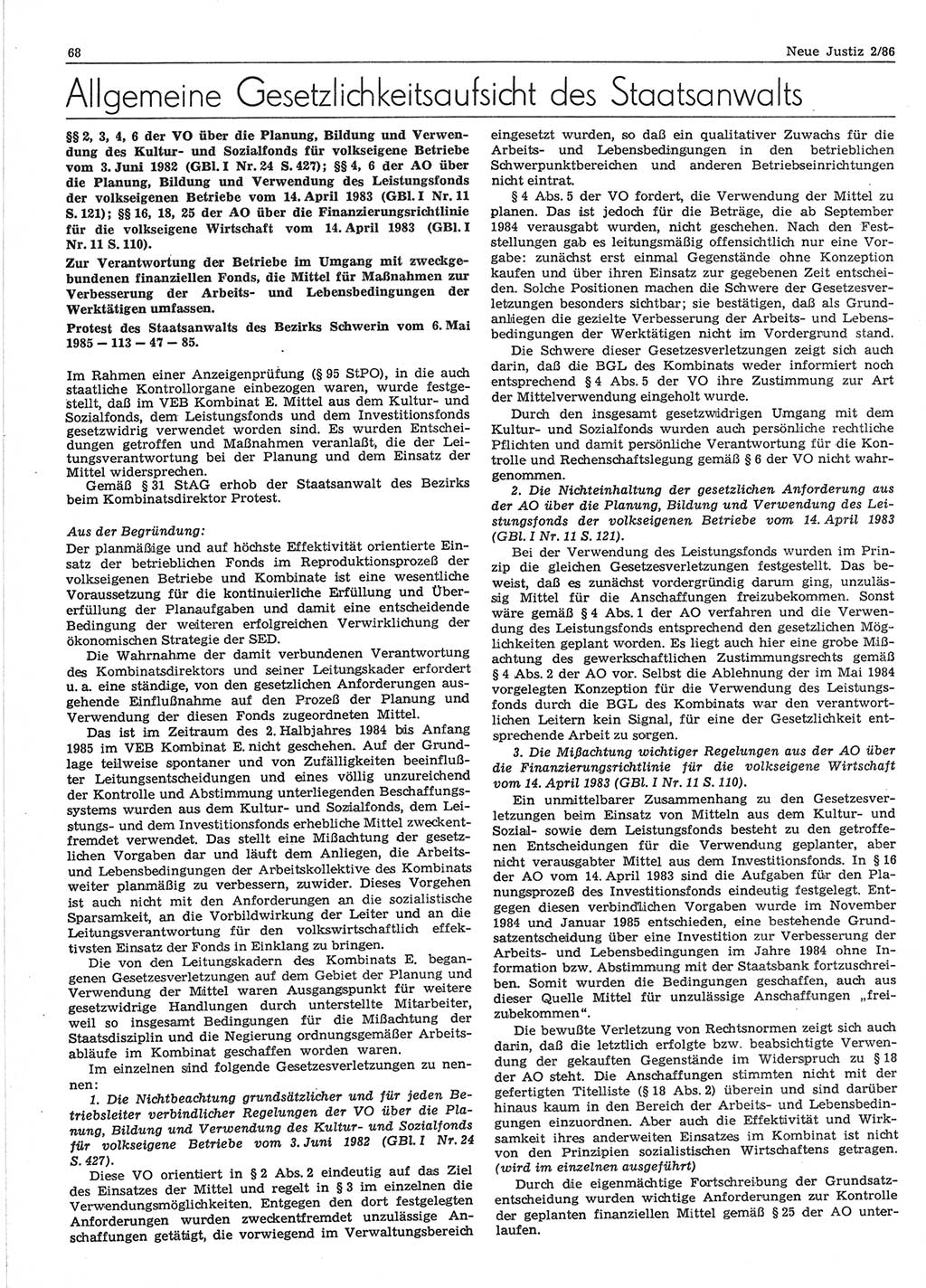 Neue Justiz (NJ), Zeitschrift für sozialistisches Recht und Gesetzlichkeit [Deutsche Demokratische Republik (DDR)], 40. Jahrgang 1986, Seite 68 (NJ DDR 1986, S. 68)