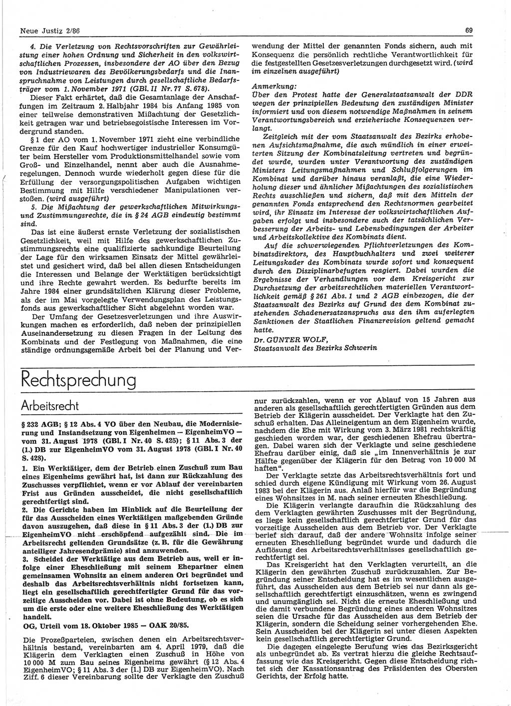 Neue Justiz (NJ), Zeitschrift für sozialistisches Recht und Gesetzlichkeit [Deutsche Demokratische Republik (DDR)], 40. Jahrgang 1986, Seite 69 (NJ DDR 1986, S. 69)