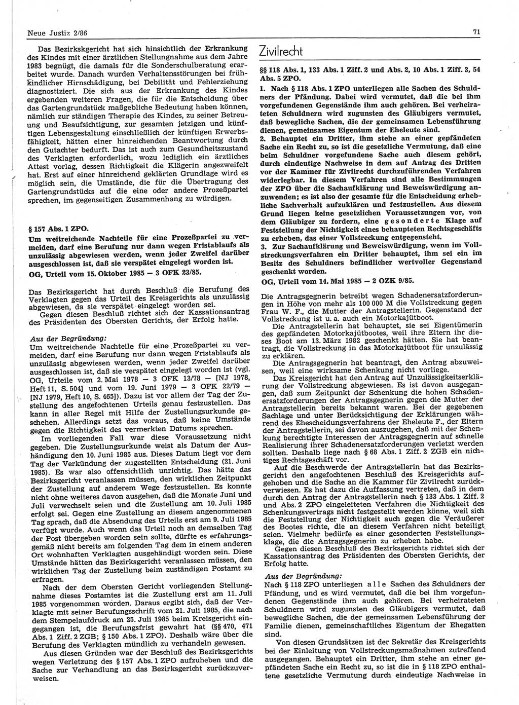 Neue Justiz (NJ), Zeitschrift für sozialistisches Recht und Gesetzlichkeit [Deutsche Demokratische Republik (DDR)], 40. Jahrgang 1986, Seite 71 (NJ DDR 1986, S. 71)