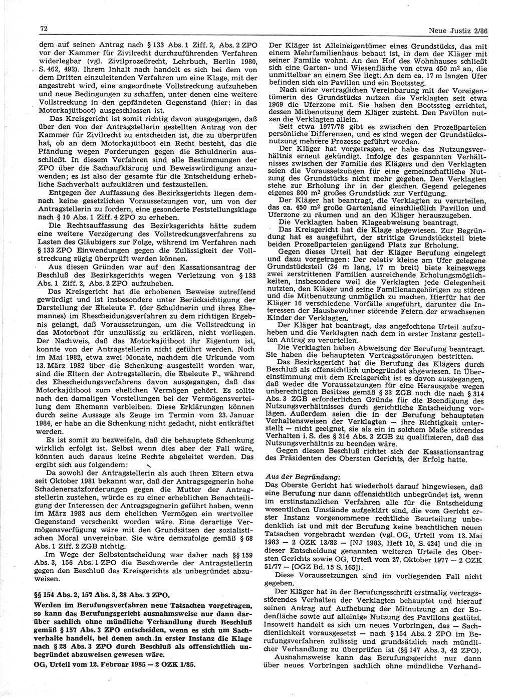 Neue Justiz (NJ), Zeitschrift für sozialistisches Recht und Gesetzlichkeit [Deutsche Demokratische Republik (DDR)], 40. Jahrgang 1986, Seite 72 (NJ DDR 1986, S. 72)