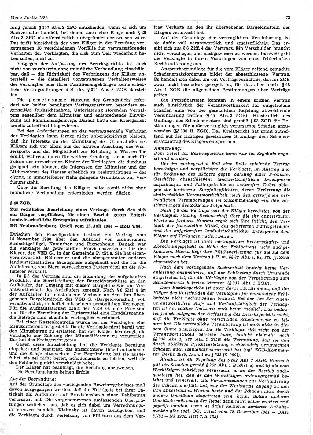 Neue Justiz (NJ), Zeitschrift für sozialistisches Recht und Gesetzlichkeit [Deutsche Demokratische Republik (DDR)], 40. Jahrgang 1986, Seite 73 (NJ DDR 1986, S. 73)