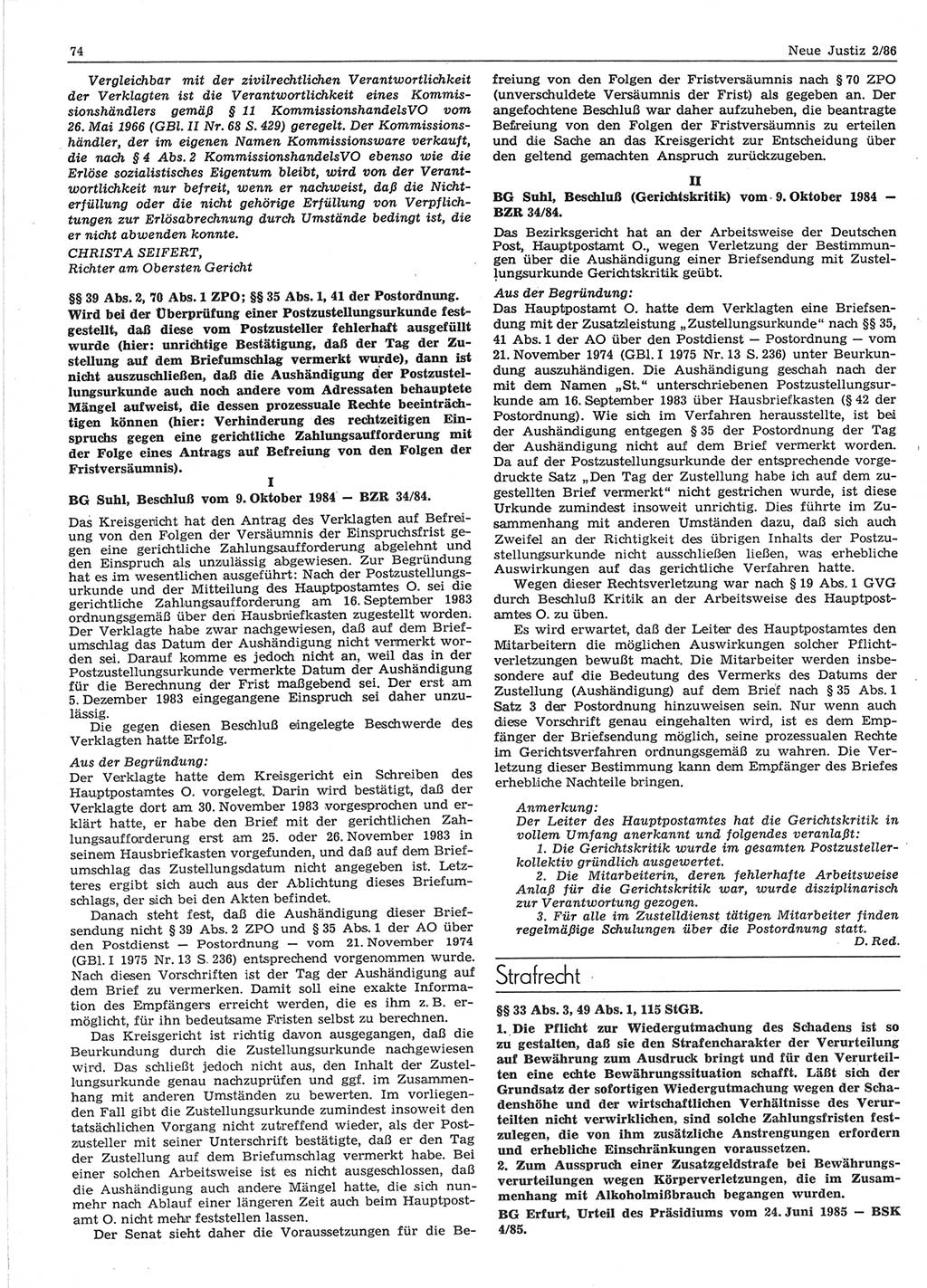 Neue Justiz (NJ), Zeitschrift für sozialistisches Recht und Gesetzlichkeit [Deutsche Demokratische Republik (DDR)], 40. Jahrgang 1986, Seite 74 (NJ DDR 1986, S. 74)