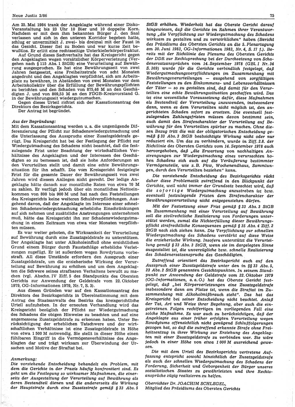 Neue Justiz (NJ), Zeitschrift für sozialistisches Recht und Gesetzlichkeit [Deutsche Demokratische Republik (DDR)], 40. Jahrgang 1986, Seite 75 (NJ DDR 1986, S. 75)
