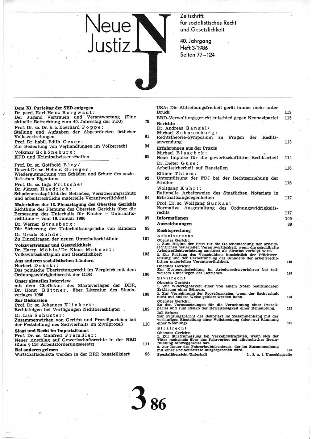 Neue Justiz (NJ), Zeitschrift für sozialistisches Recht und Gesetzlichkeit [Deutsche Demokratische Republik (DDR)], 40. Jahrgang 1986, Seite 77 (NJ DDR 1986, S. 77)