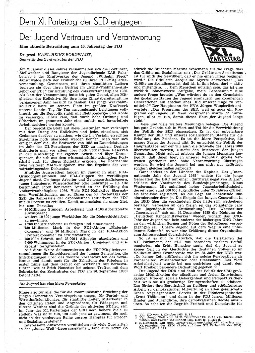 Neue Justiz (NJ), Zeitschrift für sozialistisches Recht und Gesetzlichkeit [Deutsche Demokratische Republik (DDR)], 40. Jahrgang 1986, Seite 78 (NJ DDR 1986, S. 78)
