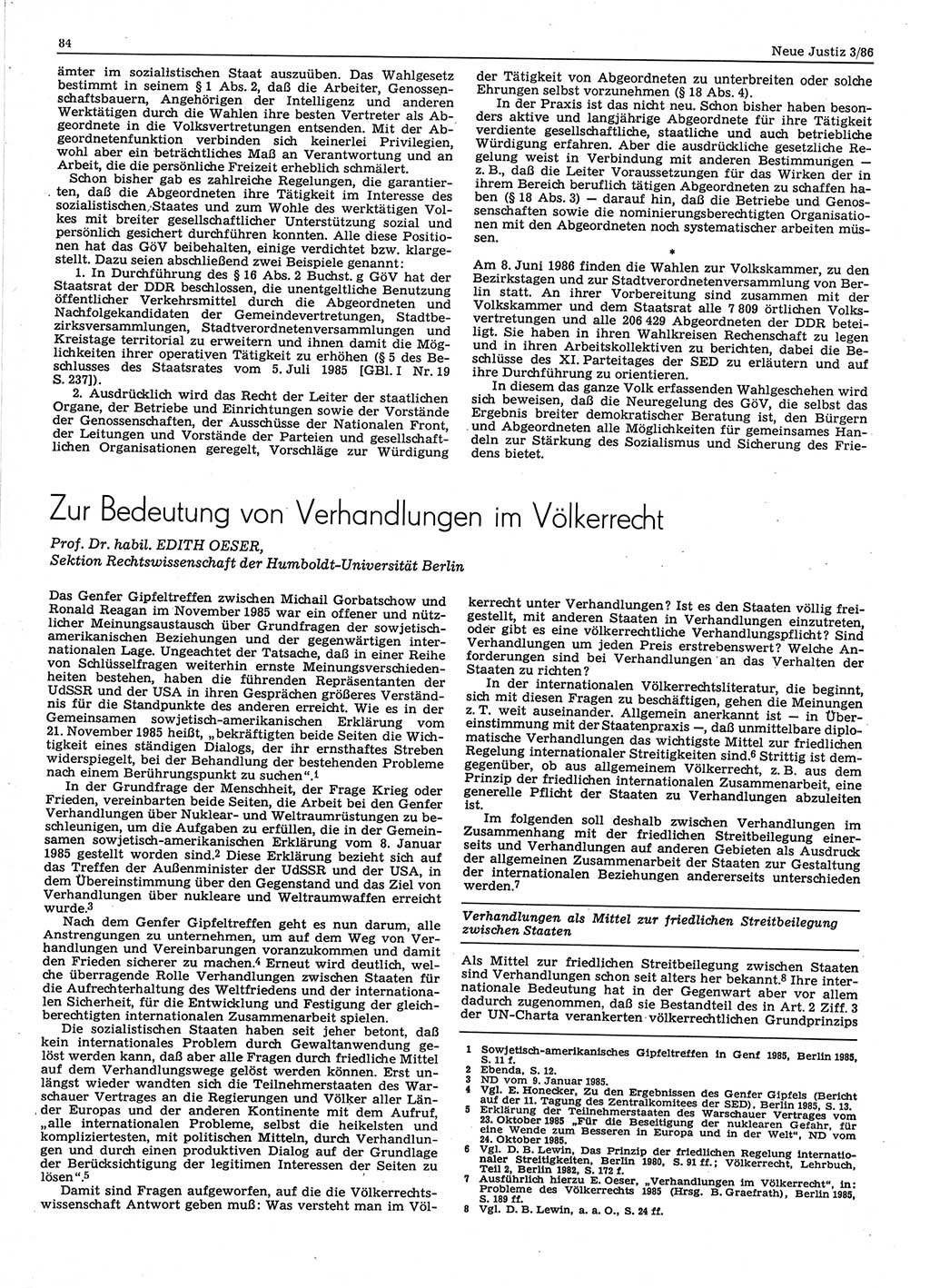 Neue Justiz (NJ), Zeitschrift für sozialistisches Recht und Gesetzlichkeit [Deutsche Demokratische Republik (DDR)], 40. Jahrgang 1986, Seite 84 (NJ DDR 1986, S. 84)