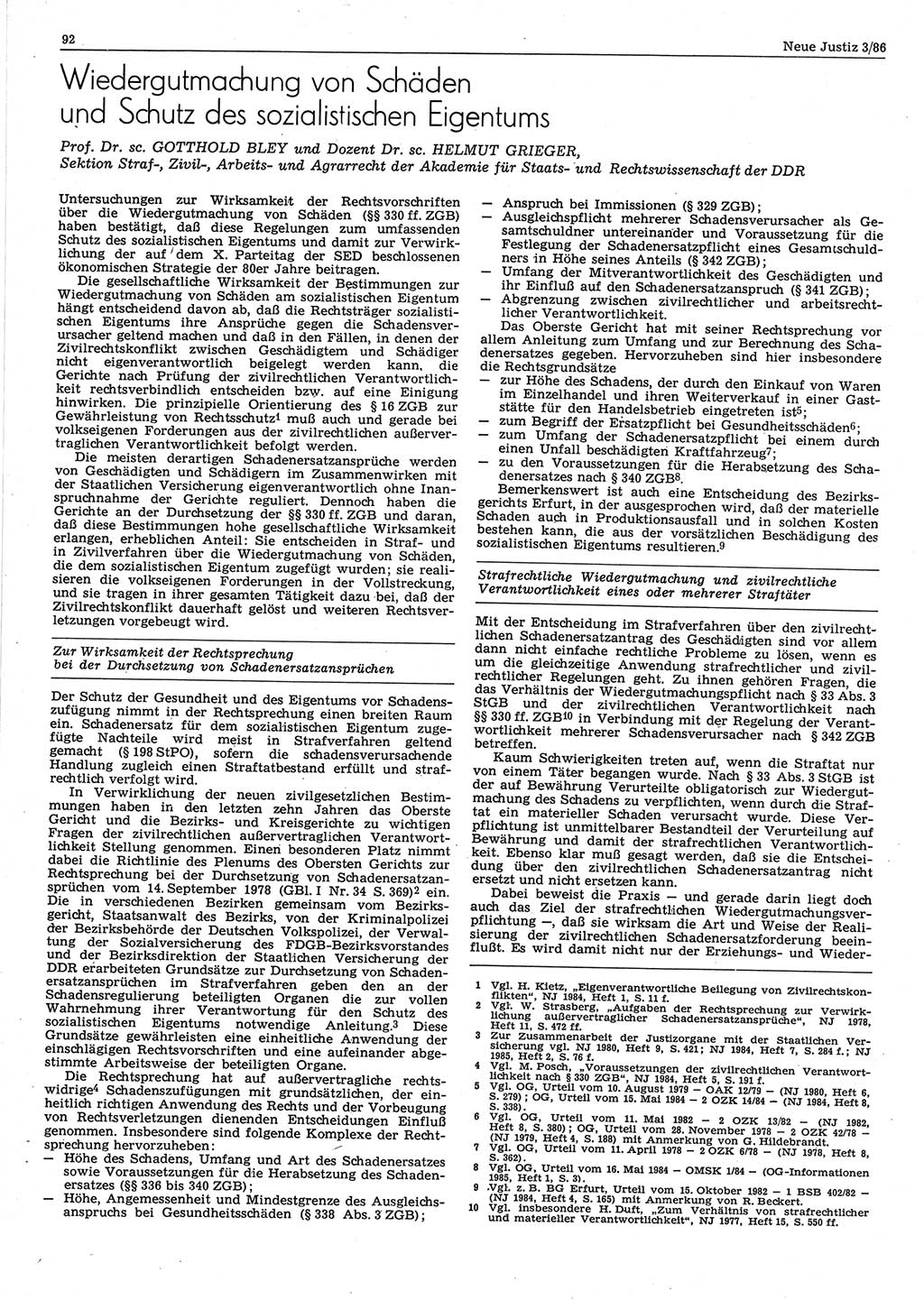 Neue Justiz (NJ), Zeitschrift für sozialistisches Recht und Gesetzlichkeit [Deutsche Demokratische Republik (DDR)], 40. Jahrgang 1986, Seite 92 (NJ DDR 1986, S. 92)