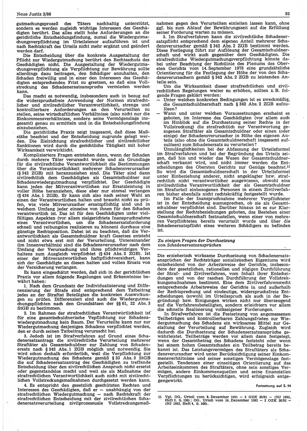 Neue Justiz (NJ), Zeitschrift für sozialistisches Recht und Gesetzlichkeit [Deutsche Demokratische Republik (DDR)], 40. Jahrgang 1986, Seite 93 (NJ DDR 1986, S. 93)