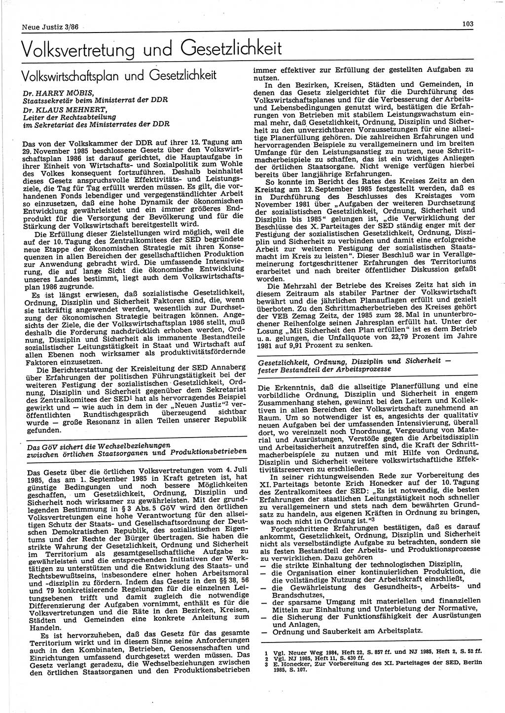 Neue Justiz (NJ), Zeitschrift für sozialistisches Recht und Gesetzlichkeit [Deutsche Demokratische Republik (DDR)], 40. Jahrgang 1986, Seite 103 (NJ DDR 1986, S. 103)