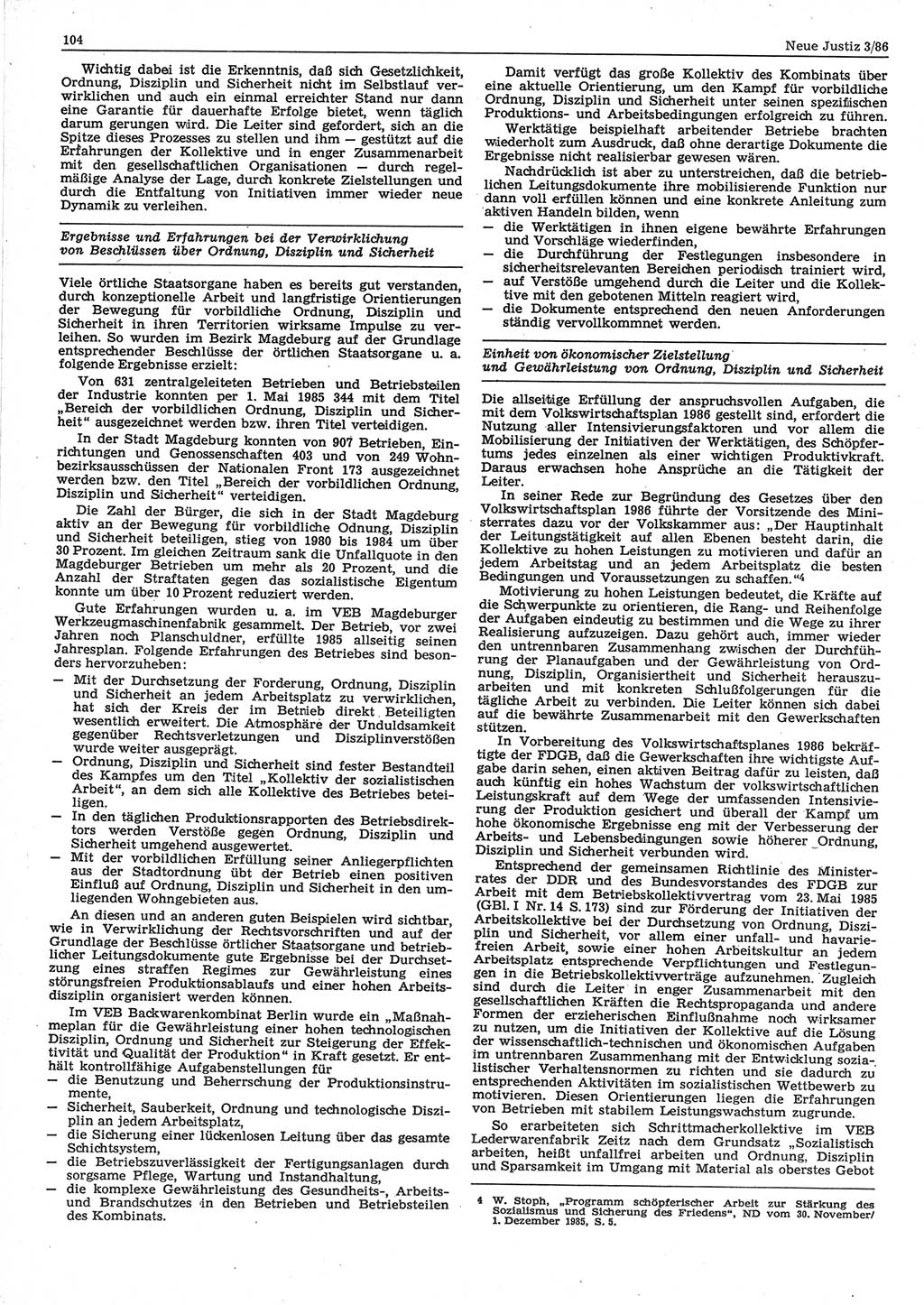 Neue Justiz (NJ), Zeitschrift für sozialistisches Recht und Gesetzlichkeit [Deutsche Demokratische Republik (DDR)], 40. Jahrgang 1986, Seite 104 (NJ DDR 1986, S. 104)