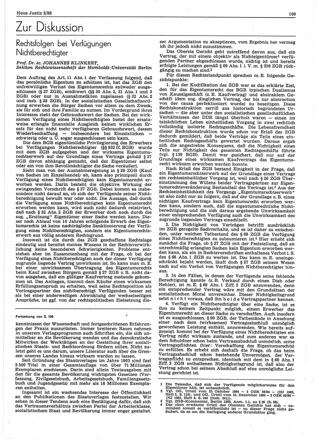 Neue Justiz (NJ), Zeitschrift für sozialistisches Recht und Gesetzlichkeit [Deutsche Demokratische Republik (DDR)], 40. Jahrgang 1986, Seite 109 (NJ DDR 1986, S. 109)