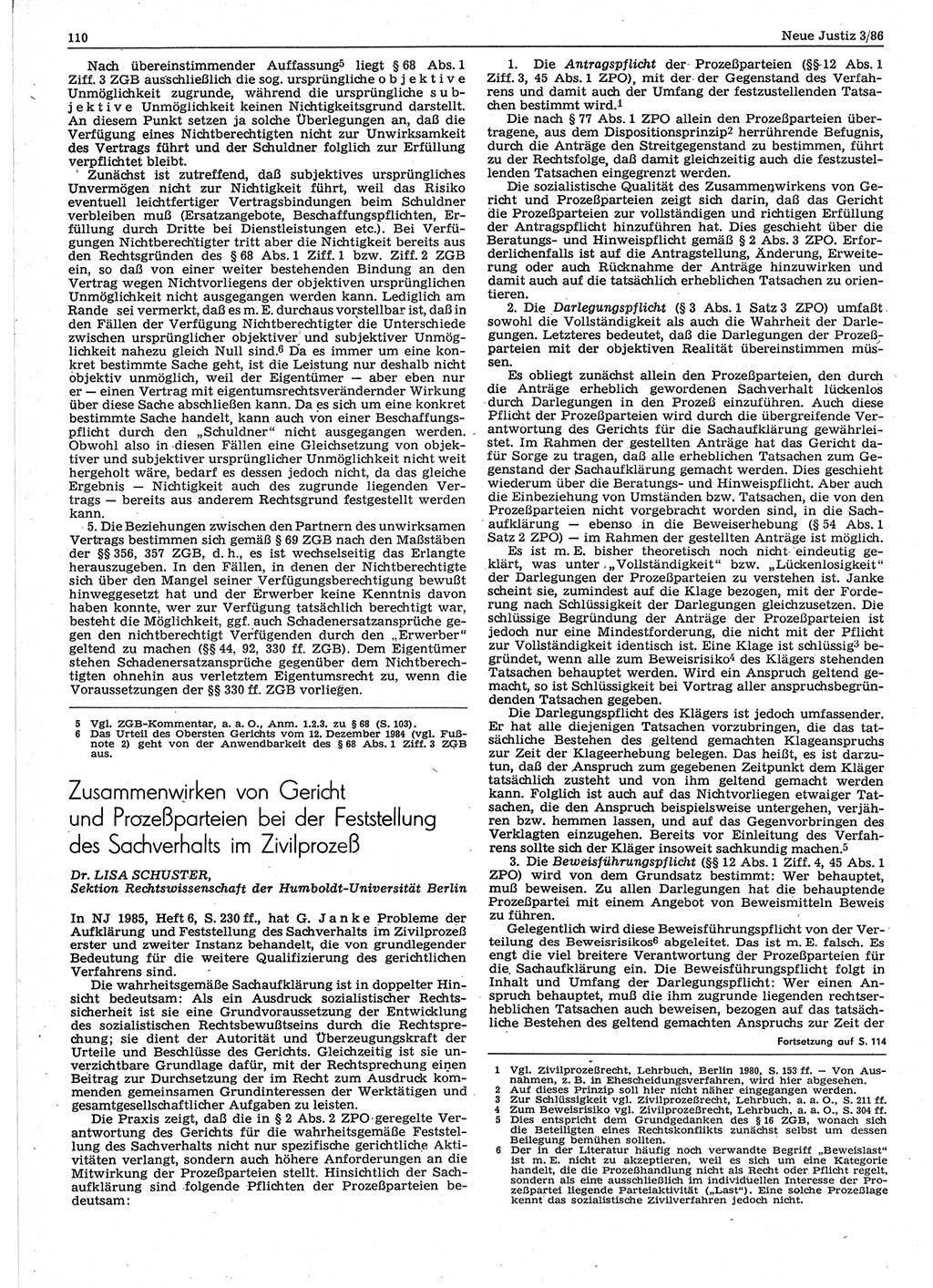 Neue Justiz (NJ), Zeitschrift für sozialistisches Recht und Gesetzlichkeit [Deutsche Demokratische Republik (DDR)], 40. Jahrgang 1986, Seite 110 (NJ DDR 1986, S. 110)