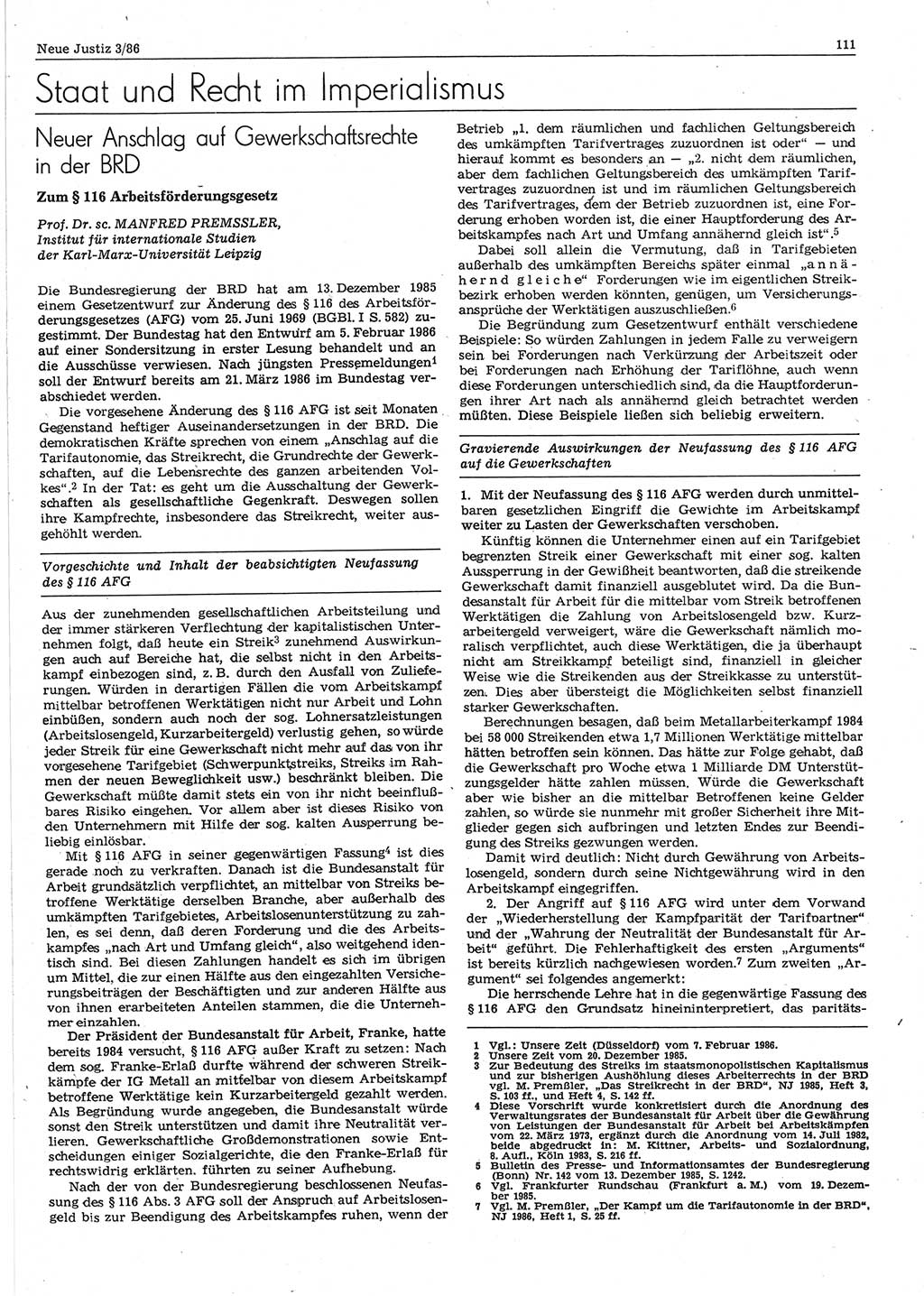 Neue Justiz (NJ), Zeitschrift für sozialistisches Recht und Gesetzlichkeit [Deutsche Demokratische Republik (DDR)], 40. Jahrgang 1986, Seite 111 (NJ DDR 1986, S. 111)