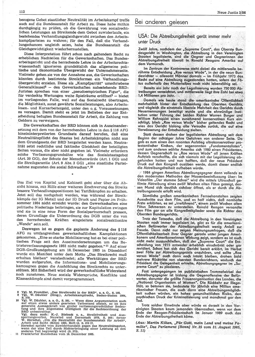 Neue Justiz (NJ), Zeitschrift für sozialistisches Recht und Gesetzlichkeit [Deutsche Demokratische Republik (DDR)], 40. Jahrgang 1986, Seite 112 (NJ DDR 1986, S. 112)