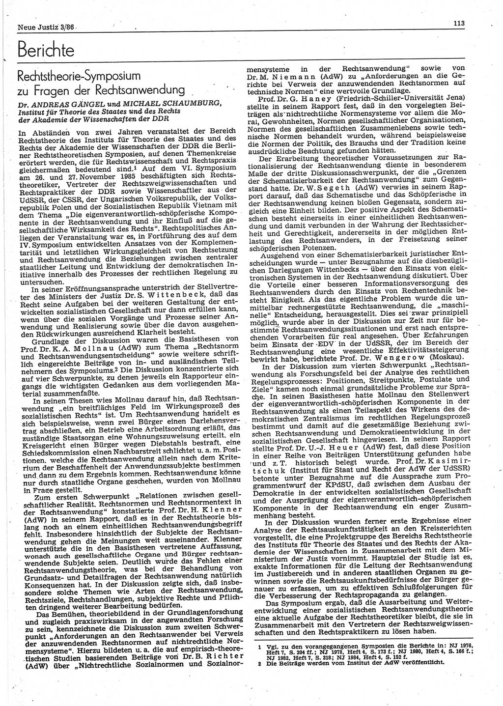 Neue Justiz (NJ), Zeitschrift für sozialistisches Recht und Gesetzlichkeit [Deutsche Demokratische Republik (DDR)], 40. Jahrgang 1986, Seite 113 (NJ DDR 1986, S. 113)