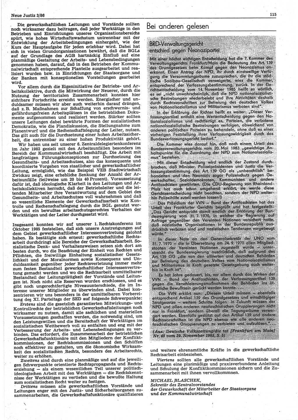 Neue Justiz (NJ), Zeitschrift für sozialistisches Recht und Gesetzlichkeit [Deutsche Demokratische Republik (DDR)], 40. Jahrgang 1986, Seite 115 (NJ DDR 1986, S. 115)