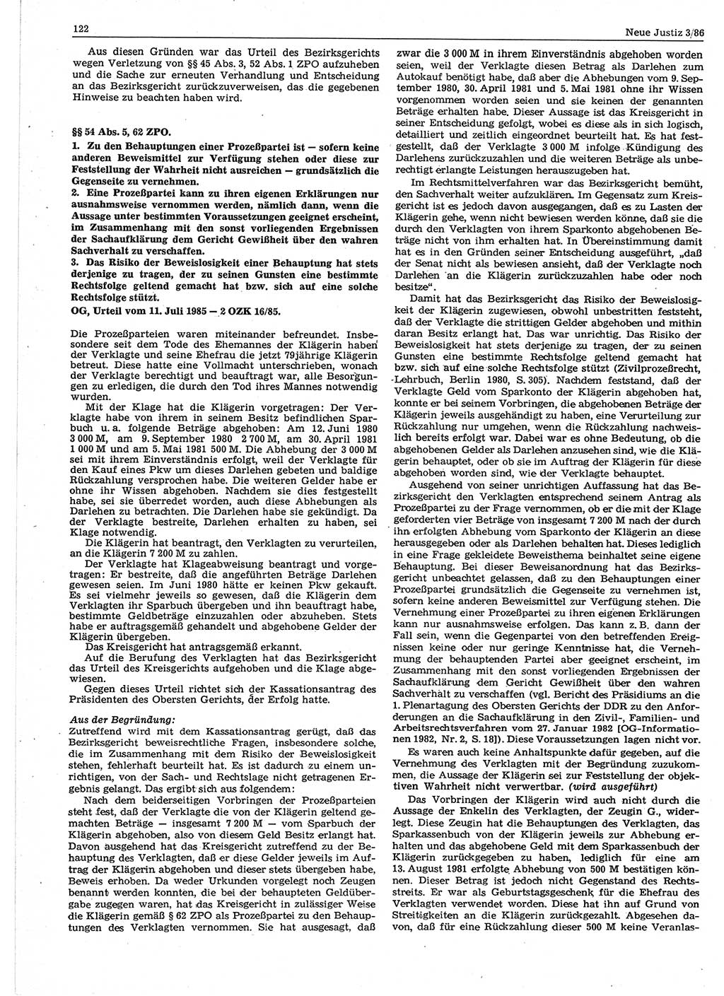 Neue Justiz (NJ), Zeitschrift für sozialistisches Recht und Gesetzlichkeit [Deutsche Demokratische Republik (DDR)], 40. Jahrgang 1986, Seite 122 (NJ DDR 1986, S. 122)