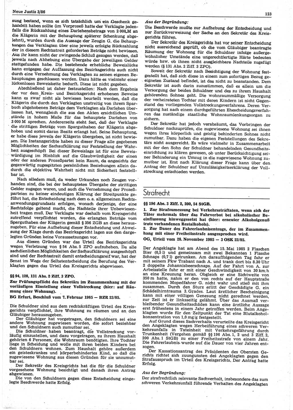 Neue Justiz (NJ), Zeitschrift für sozialistisches Recht und Gesetzlichkeit [Deutsche Demokratische Republik (DDR)], 40. Jahrgang 1986, Seite 123 (NJ DDR 1986, S. 123)