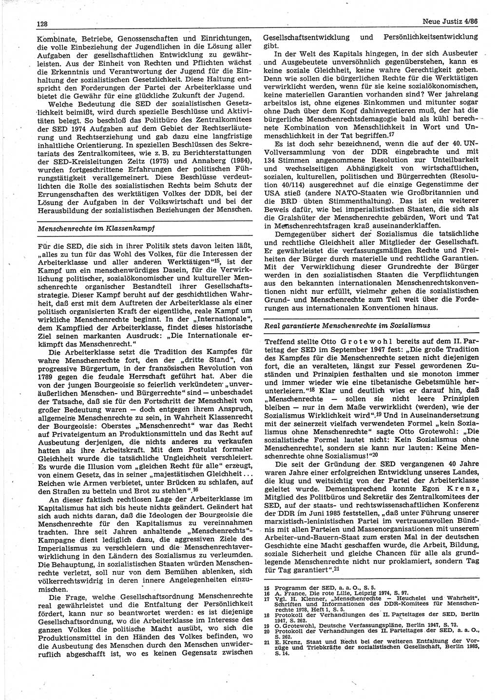 Neue Justiz (NJ), Zeitschrift für sozialistisches Recht und Gesetzlichkeit [Deutsche Demokratische Republik (DDR)], 40. Jahrgang 1986, Seite 128 (NJ DDR 1986, S. 128)