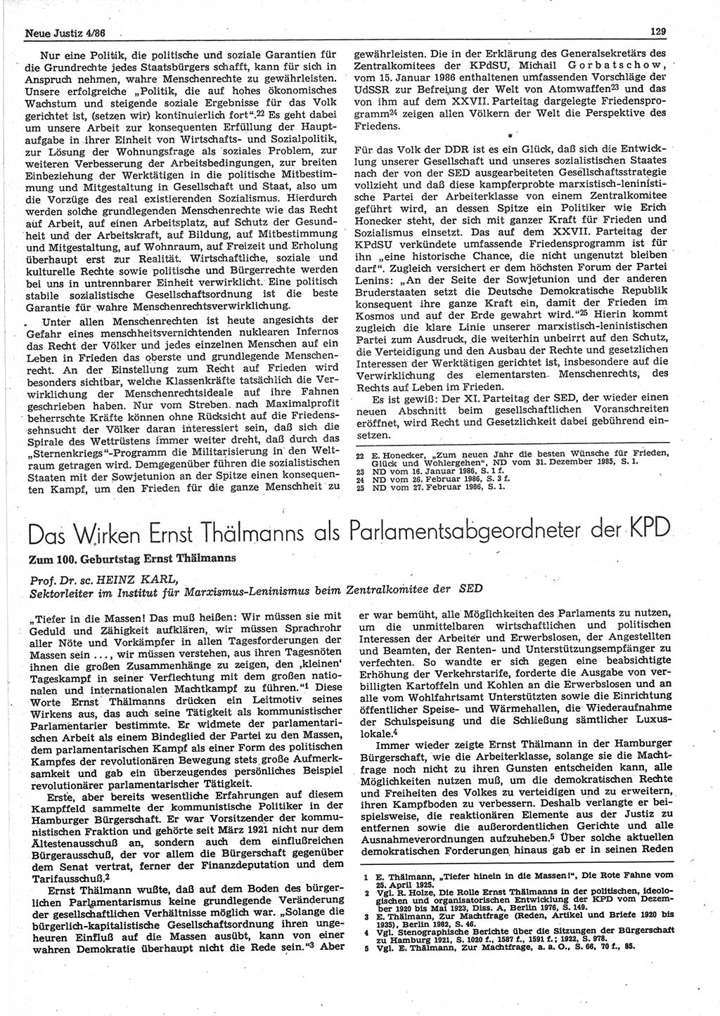 Neue Justiz (NJ), Zeitschrift für sozialistisches Recht und Gesetzlichkeit [Deutsche Demokratische Republik (DDR)], 40. Jahrgang 1986, Seite 129 (NJ DDR 1986, S. 129)