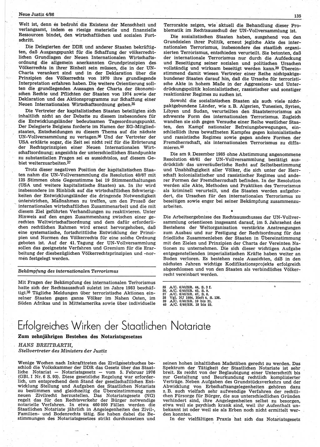Neue Justiz (NJ), Zeitschrift für sozialistisches Recht und Gesetzlichkeit [Deutsche Demokratische Republik (DDR)], 40. Jahrgang 1986, Seite 135 (NJ DDR 1986, S. 135)