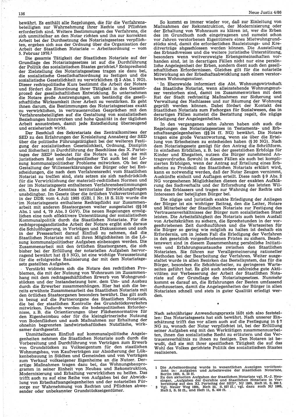 Neue Justiz (NJ), Zeitschrift für sozialistisches Recht und Gesetzlichkeit [Deutsche Demokratische Republik (DDR)], 40. Jahrgang 1986, Seite 136 (NJ DDR 1986, S. 136)