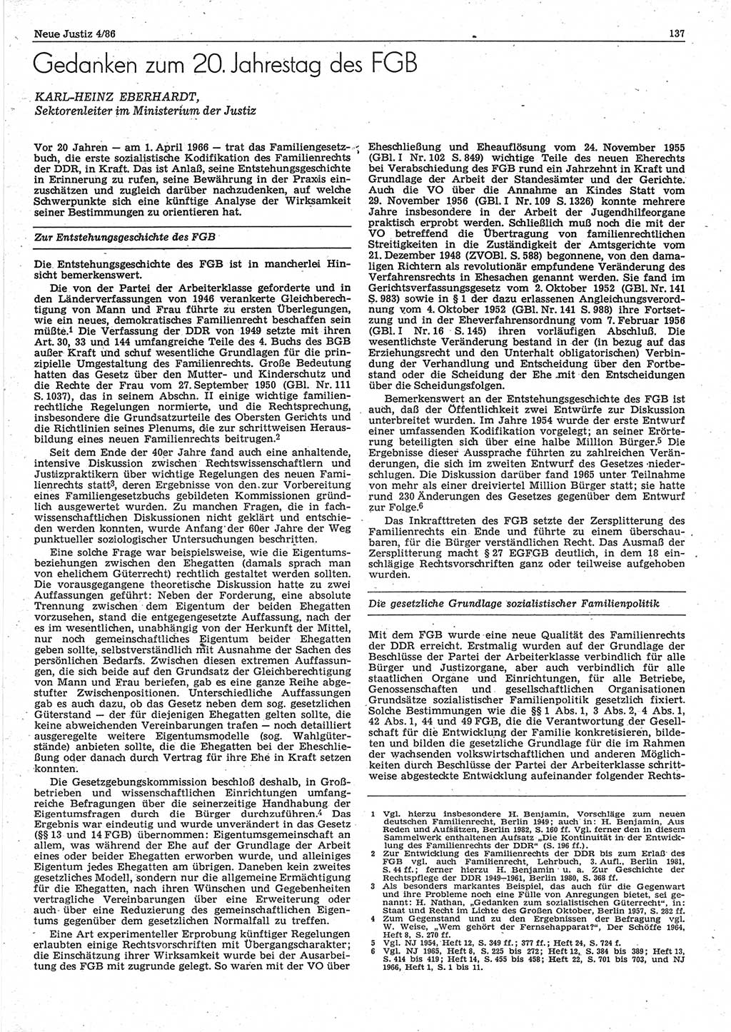 Neue Justiz (NJ), Zeitschrift für sozialistisches Recht und Gesetzlichkeit [Deutsche Demokratische Republik (DDR)], 40. Jahrgang 1986, Seite 137 (NJ DDR 1986, S. 137)