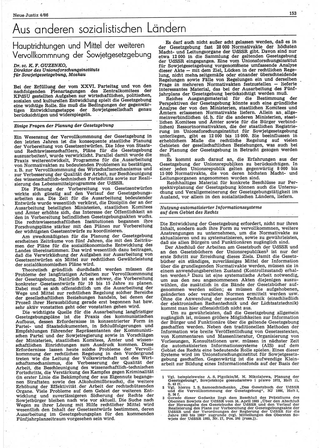 Neue Justiz (NJ), Zeitschrift für sozialistisches Recht und Gesetzlichkeit [Deutsche Demokratische Republik (DDR)], 40. Jahrgang 1986, Seite 153 (NJ DDR 1986, S. 153)