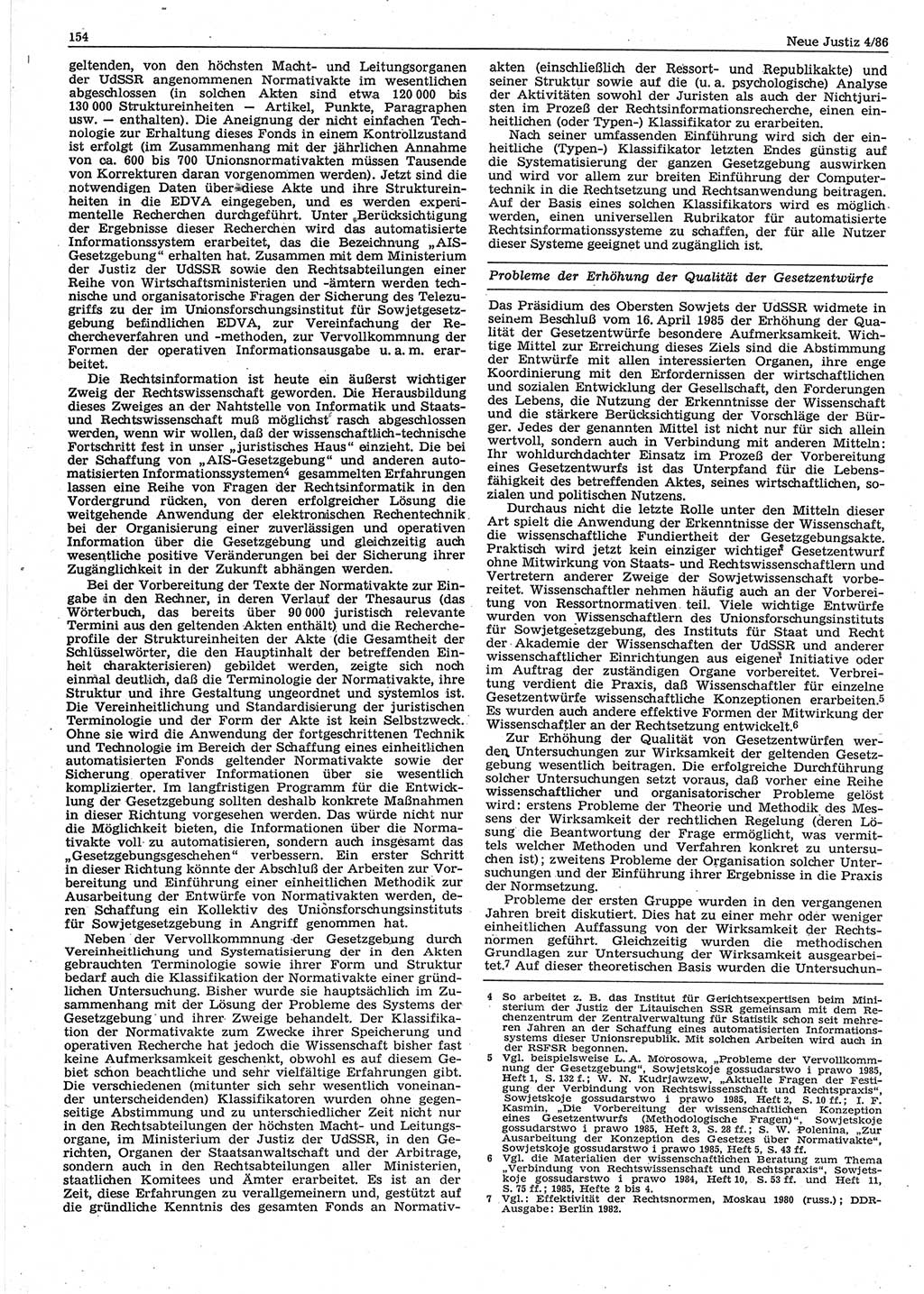 Neue Justiz (NJ), Zeitschrift für sozialistisches Recht und Gesetzlichkeit [Deutsche Demokratische Republik (DDR)], 40. Jahrgang 1986, Seite 154 (NJ DDR 1986, S. 154)