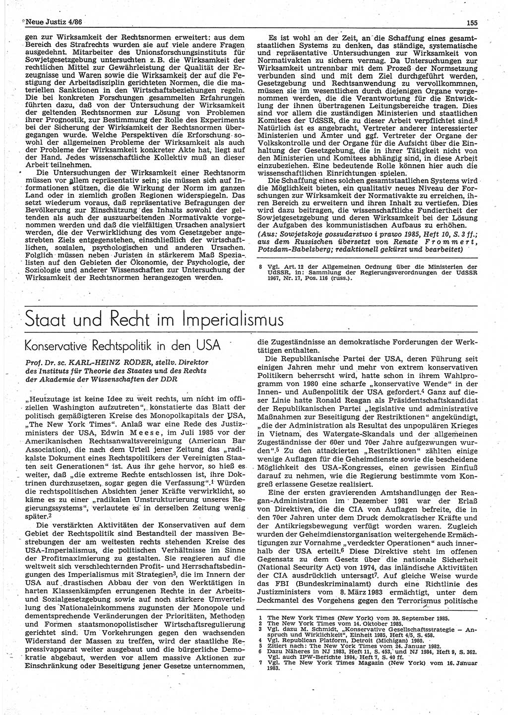 Neue Justiz (NJ), Zeitschrift für sozialistisches Recht und Gesetzlichkeit [Deutsche Demokratische Republik (DDR)], 40. Jahrgang 1986, Seite 155 (NJ DDR 1986, S. 155)