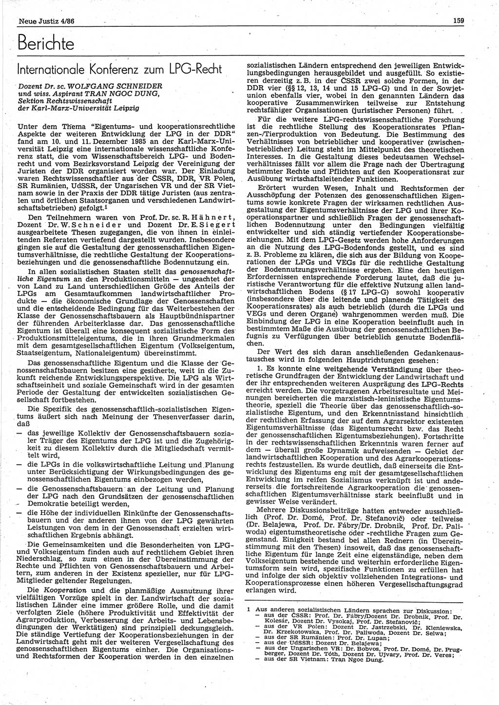 Neue Justiz (NJ), Zeitschrift für sozialistisches Recht und Gesetzlichkeit [Deutsche Demokratische Republik (DDR)], 40. Jahrgang 1986, Seite 159 (NJ DDR 1986, S. 159)