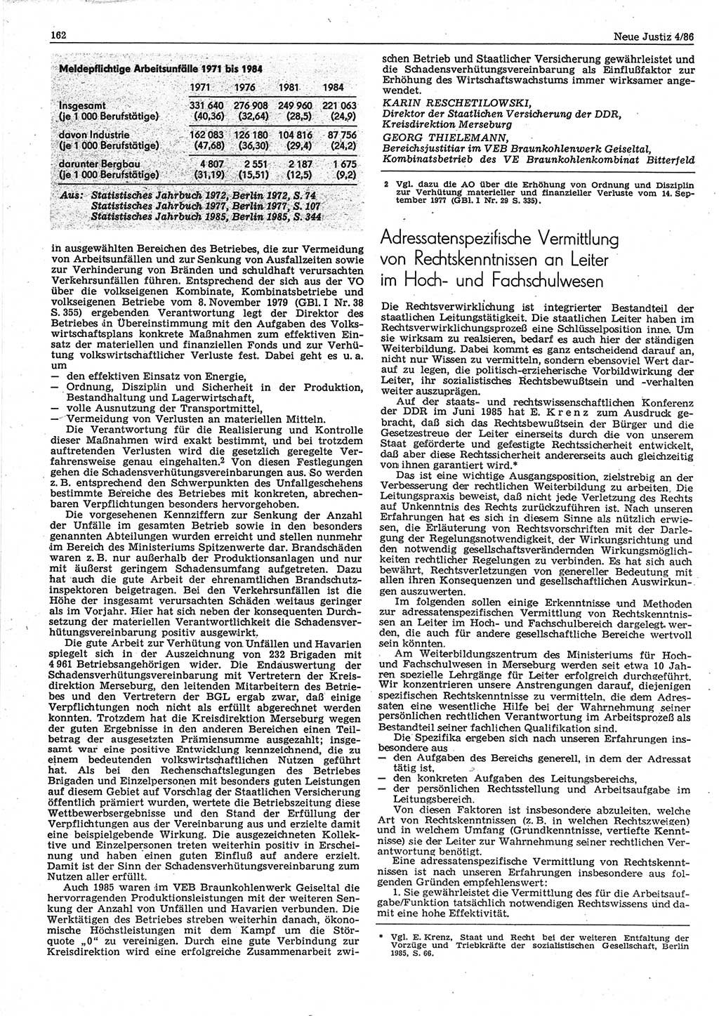 Neue Justiz (NJ), Zeitschrift für sozialistisches Recht und Gesetzlichkeit [Deutsche Demokratische Republik (DDR)], 40. Jahrgang 1986, Seite 162 (NJ DDR 1986, S. 162)