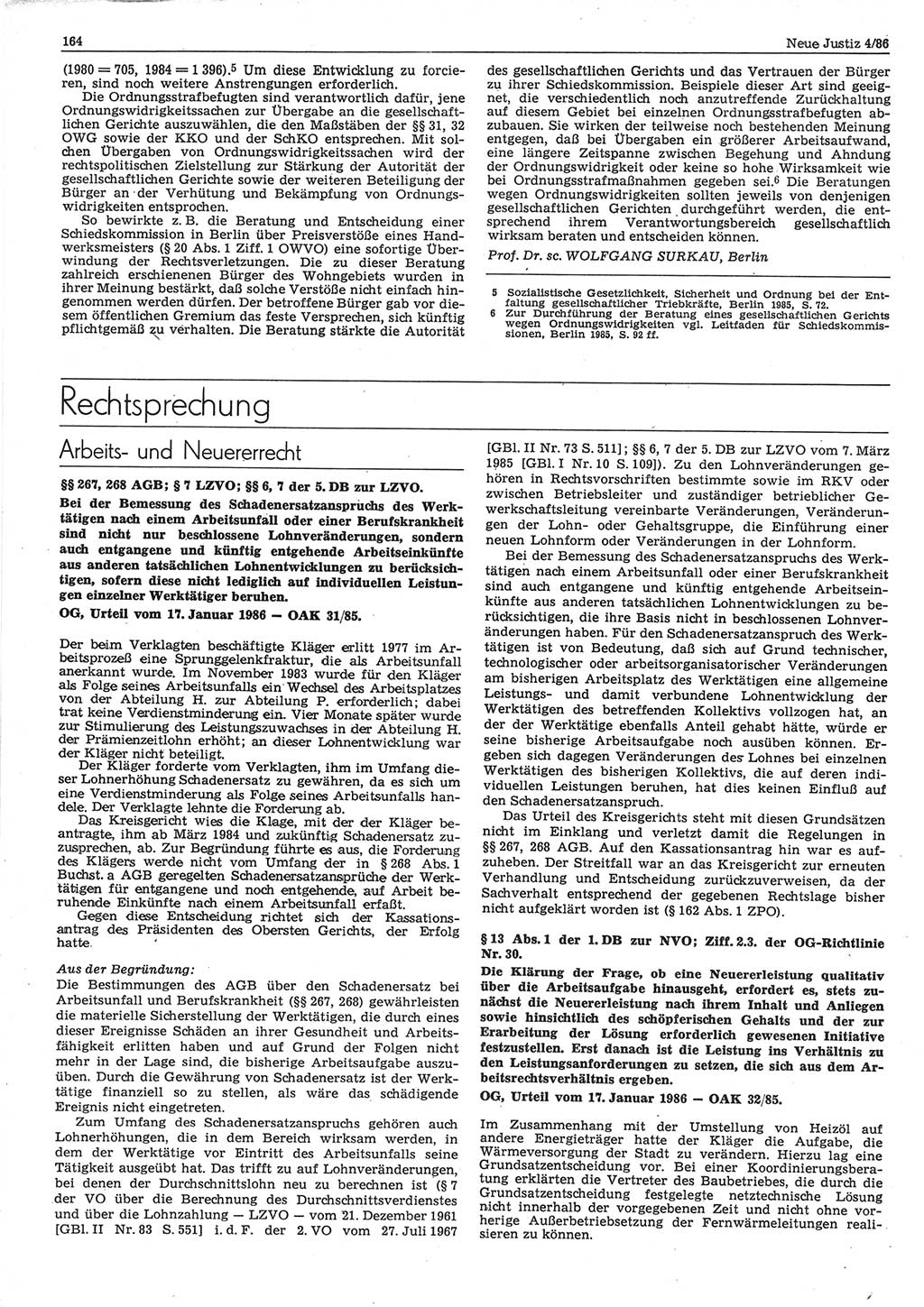 Neue Justiz (NJ), Zeitschrift für sozialistisches Recht und Gesetzlichkeit [Deutsche Demokratische Republik (DDR)], 40. Jahrgang 1986, Seite 164 (NJ DDR 1986, S. 164)