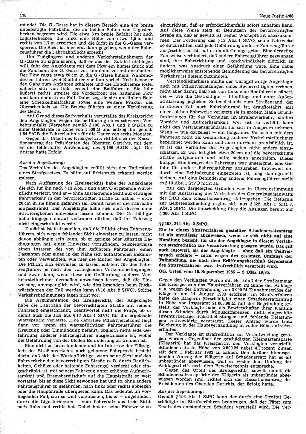 Neue Justiz (NJ), Zeitschrift für sozialistisches Recht und Gesetzlichkeit [Deutsche Demokratische Republik (DDR)], 40. Jahrgang 1986, Seite 170 (NJ DDR 1986, S. 170)