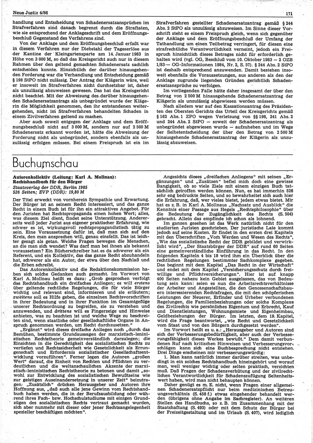 Neue Justiz (NJ), Zeitschrift für sozialistisches Recht und Gesetzlichkeit [Deutsche Demokratische Republik (DDR)], 40. Jahrgang 1986, Seite 171 (NJ DDR 1986, S. 171)