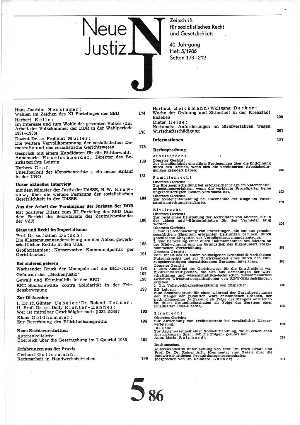 Neue Justiz (NJ), Zeitschrift für sozialistisches Recht und Gesetzlichkeit [Deutsche Demokratische Republik (DDR)], 40. Jahrgang 1986, Seite 173 (NJ DDR 1986, S. 173)