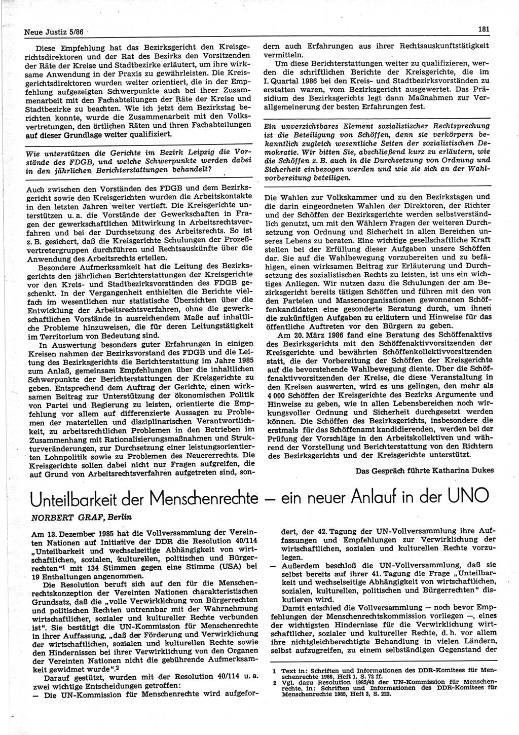 Neue Justiz (NJ), Zeitschrift für sozialistisches Recht und Gesetzlichkeit [Deutsche Demokratische Republik (DDR)], 40. Jahrgang 1986, Seite 181 (NJ DDR 1986, S. 181)