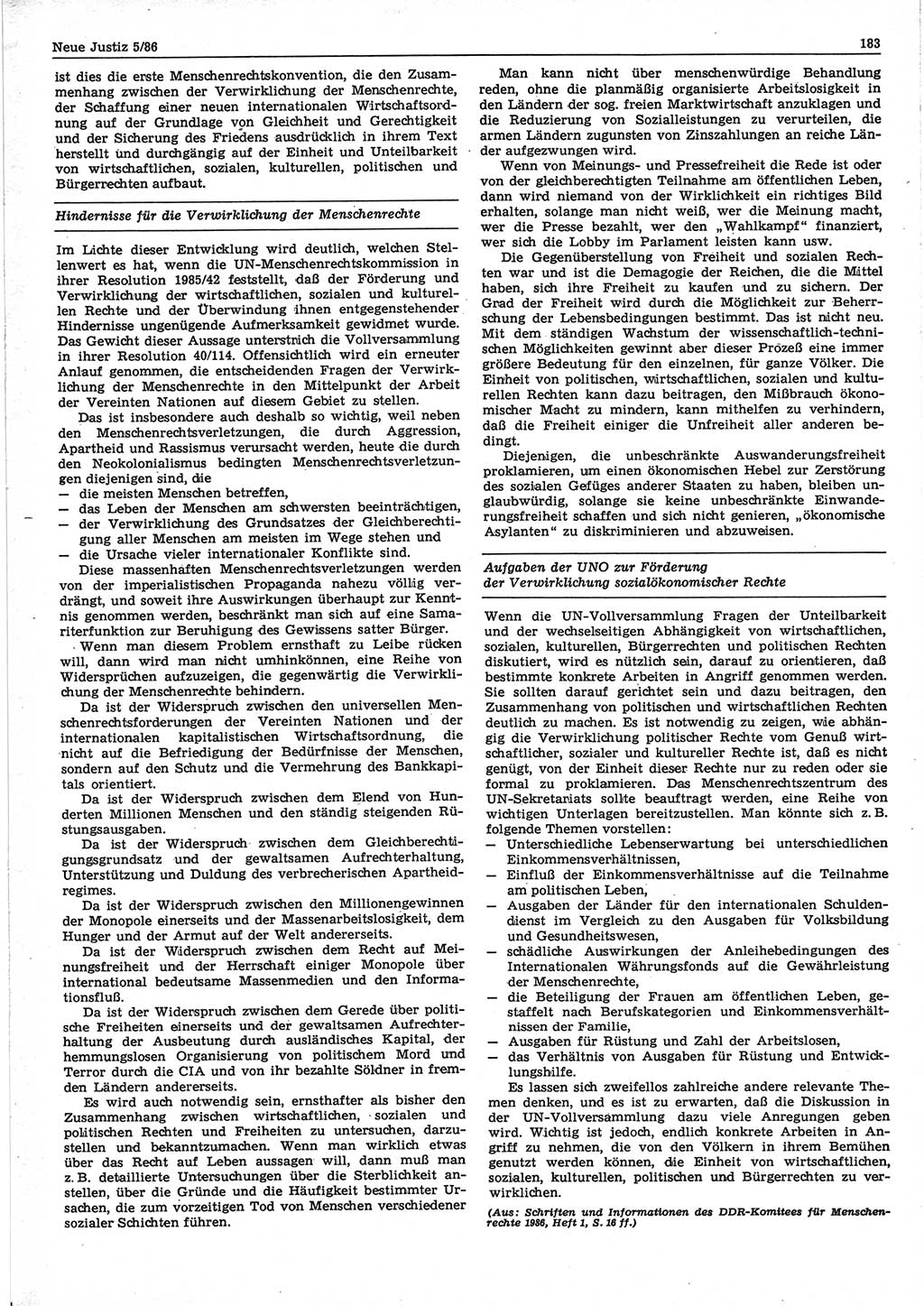 Neue Justiz (NJ), Zeitschrift für sozialistisches Recht und Gesetzlichkeit [Deutsche Demokratische Republik (DDR)], 40. Jahrgang 1986, Seite 183 (NJ DDR 1986, S. 183)