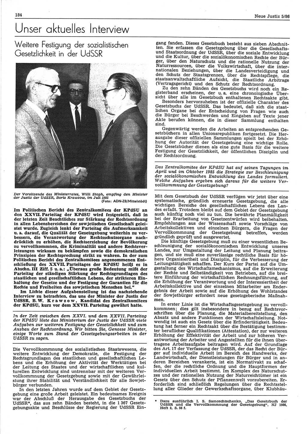 Neue Justiz (NJ), Zeitschrift für sozialistisches Recht und Gesetzlichkeit [Deutsche Demokratische Republik (DDR)], 40. Jahrgang 1986, Seite 184 (NJ DDR 1986, S. 184)