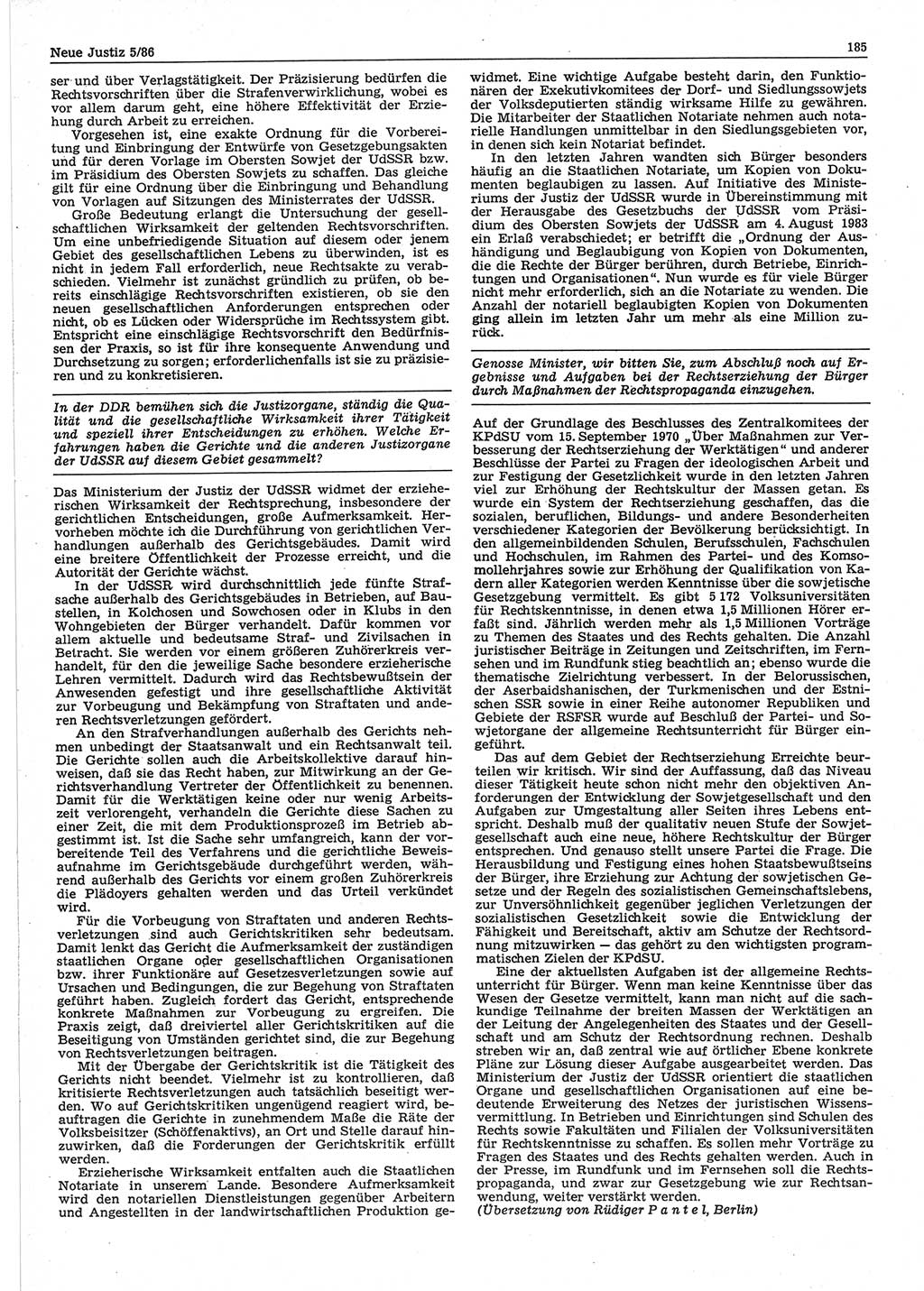 Neue Justiz (NJ), Zeitschrift für sozialistisches Recht und Gesetzlichkeit [Deutsche Demokratische Republik (DDR)], 40. Jahrgang 1986, Seite 185 (NJ DDR 1986, S. 185)