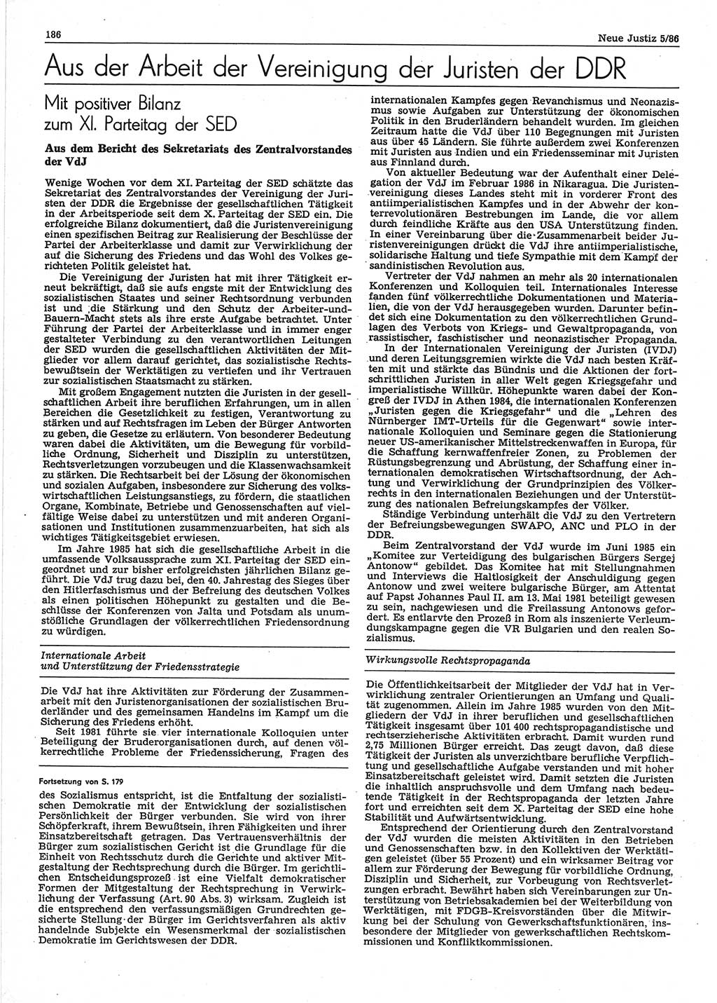 Neue Justiz (NJ), Zeitschrift für sozialistisches Recht und Gesetzlichkeit [Deutsche Demokratische Republik (DDR)], 40. Jahrgang 1986, Seite 186 (NJ DDR 1986, S. 186)