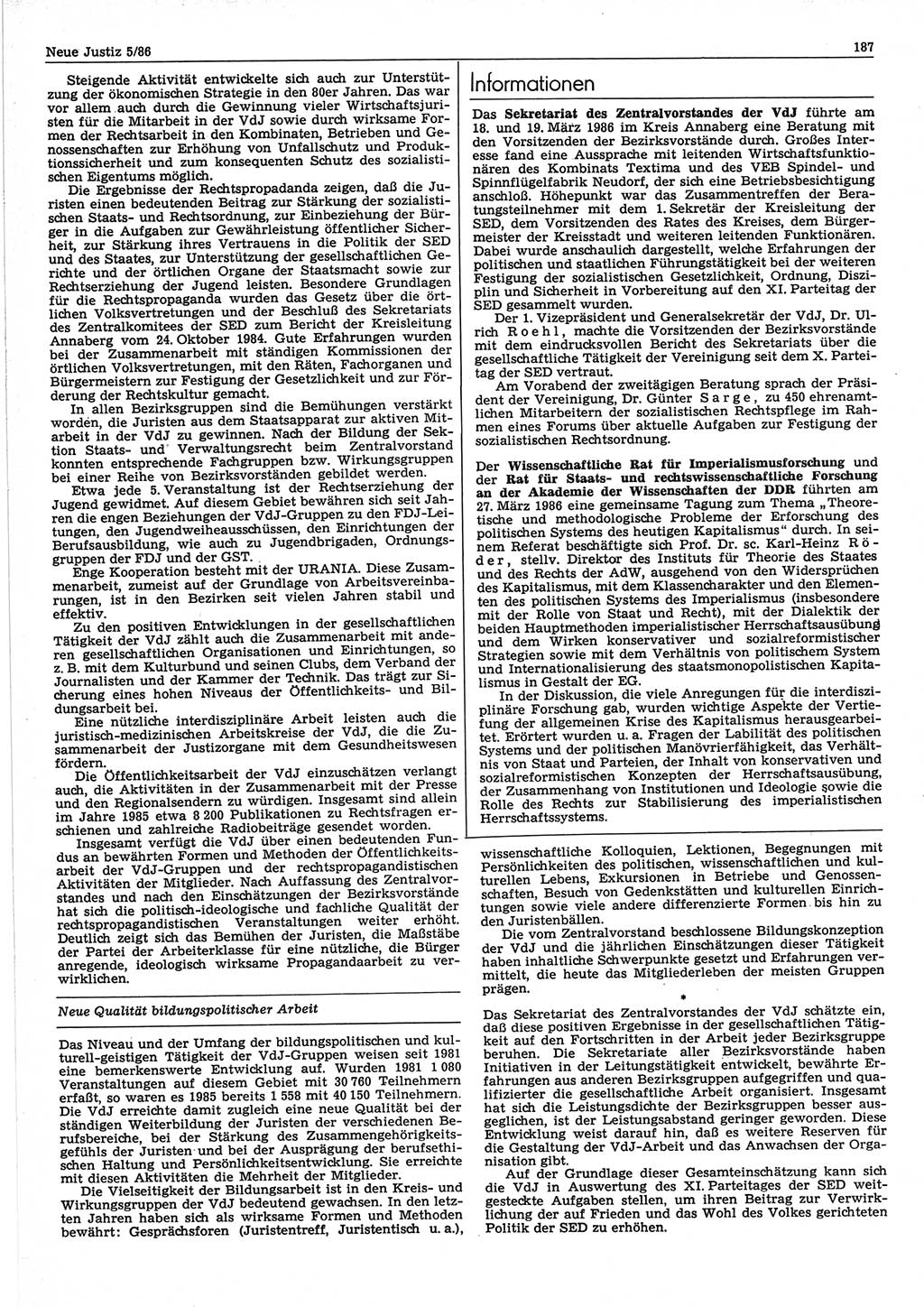 Neue Justiz (NJ), Zeitschrift für sozialistisches Recht und Gesetzlichkeit [Deutsche Demokratische Republik (DDR)], 40. Jahrgang 1986, Seite 187 (NJ DDR 1986, S. 187)