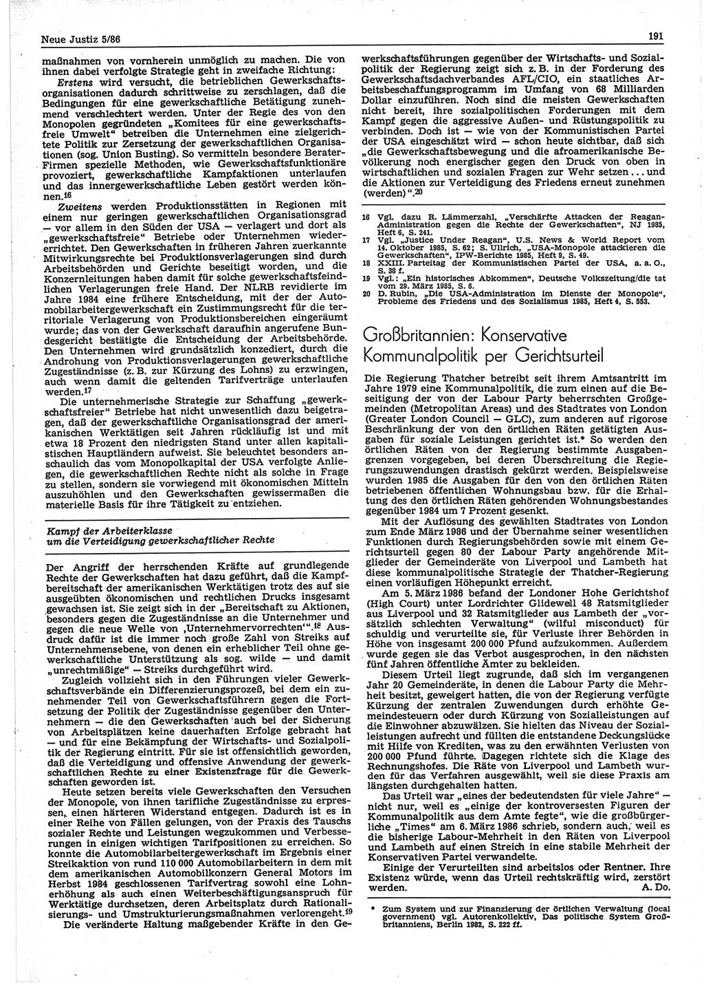 Neue Justiz (NJ), Zeitschrift für sozialistisches Recht und Gesetzlichkeit [Deutsche Demokratische Republik (DDR)], 40. Jahrgang 1986, Seite 191 (NJ DDR 1986, S. 191)